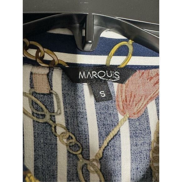 Marquis Women’s Blouse Size S Blue Brown Chain Pattern Button Down Long Sleeve - Picture 3 of 14